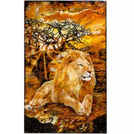 Panels of amber and Karelian birch "Lion in the savanna"